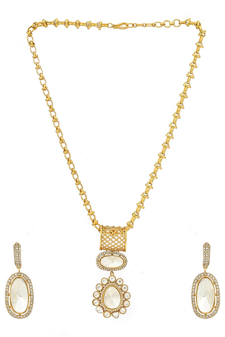Antique Gold Finish Kundan Polki Necklace Set by Ruby Raang at Pernia's Pop Up Shop