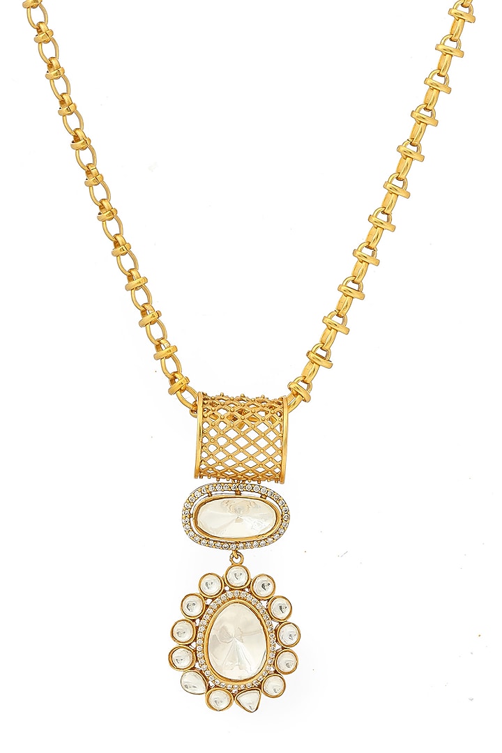 Antique Gold Finish Kundan Polki Necklace Set by Ruby Raang at Pernia's Pop Up Shop