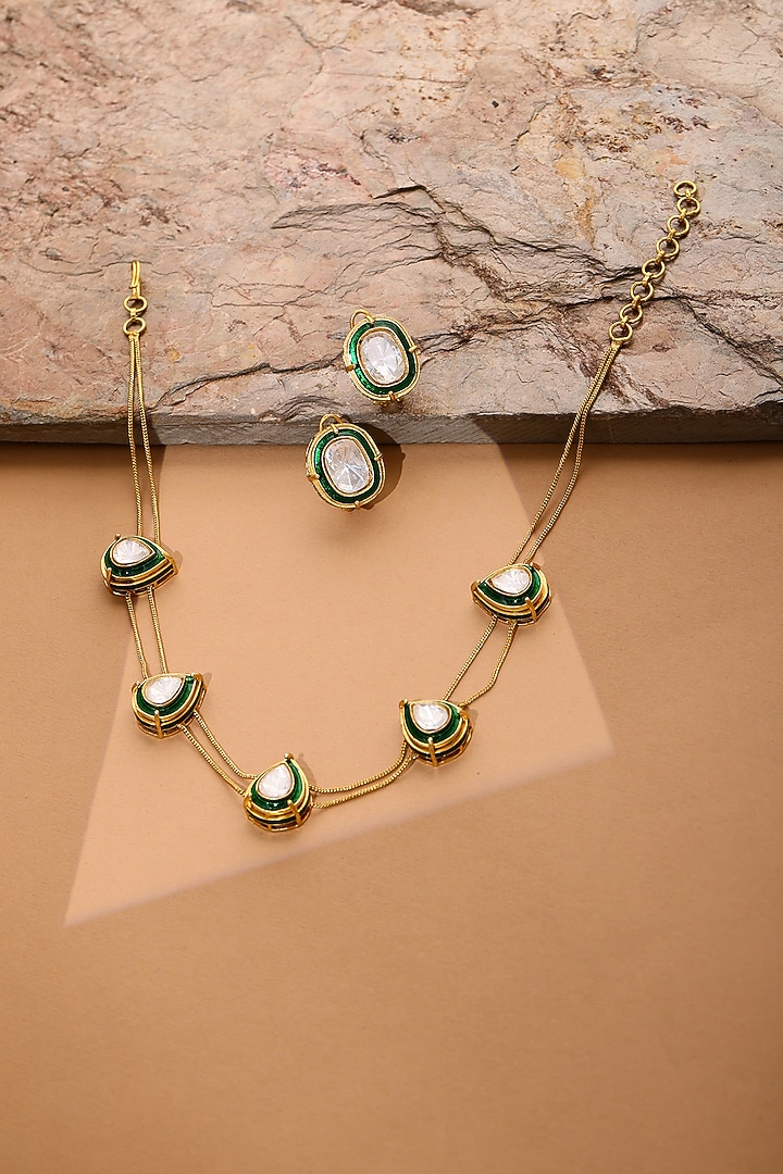 Antique Gold Finish Green Meenakari Drop-Shaped Necklace Set by Ruby Raang at Pernia's Pop Up Shop