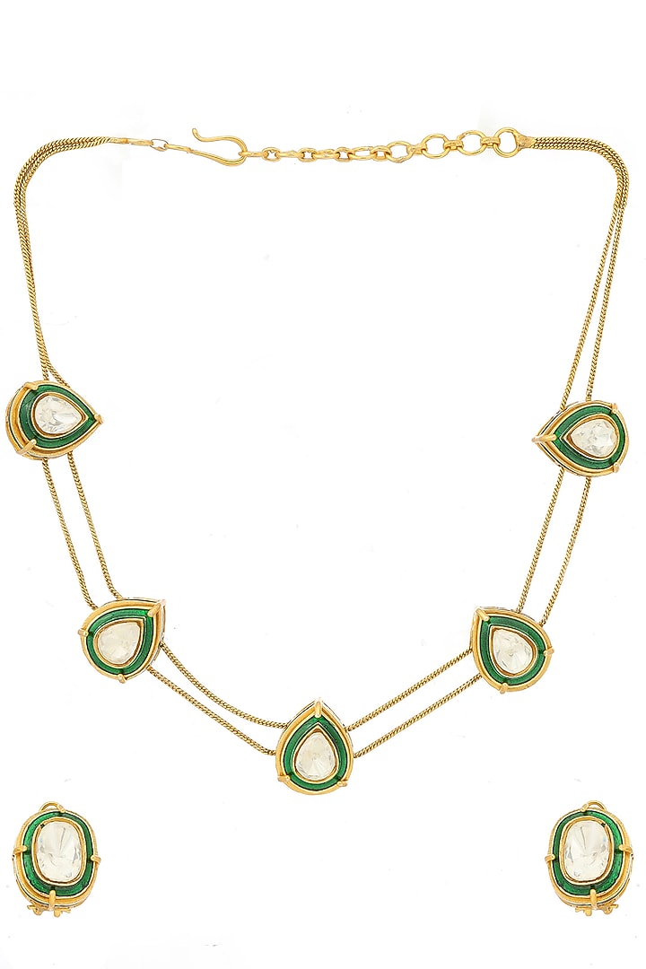 Antique Gold Finish Green Meenakari Drop-Shaped Necklace Set by Ruby Raang at Pernia's Pop Up Shop
