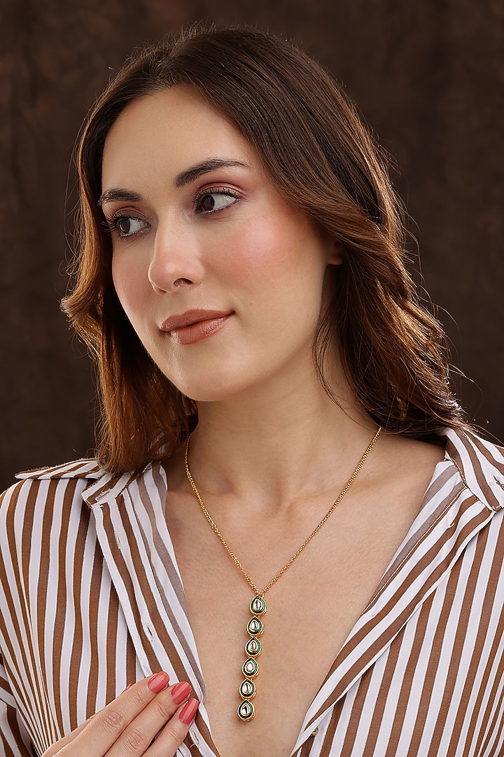 Gold Finish Green Meenakari Kundan Polki Necklace by Ruby Raang at Pernia's Pop Up Shop
