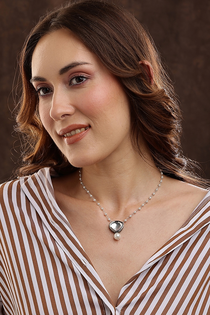 Silver Finish Kundan Polki & Beaded Necklace by Ruby Raang at Pernia's Pop Up Shop