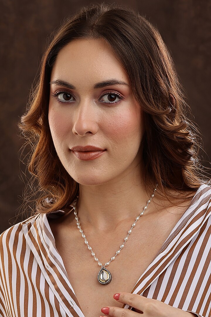 Silver Finish Kundan Polki & Beaded Necklace by Ruby Raang at Pernia's Pop Up Shop