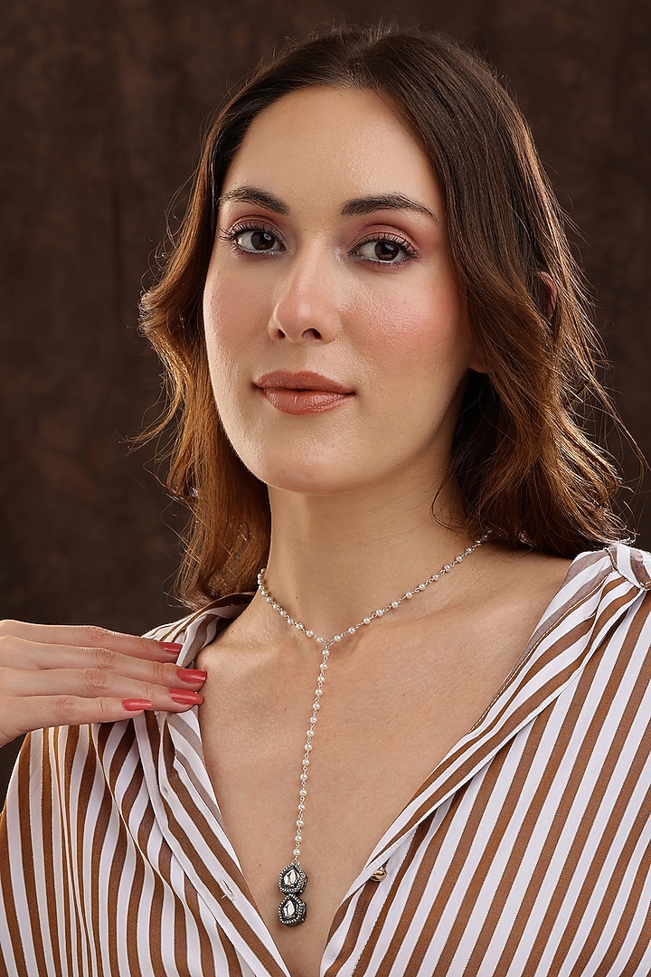 Silver Finish Kundan Polki & Beaded Necklace by Ruby Raang at Pernia's Pop Up Shop