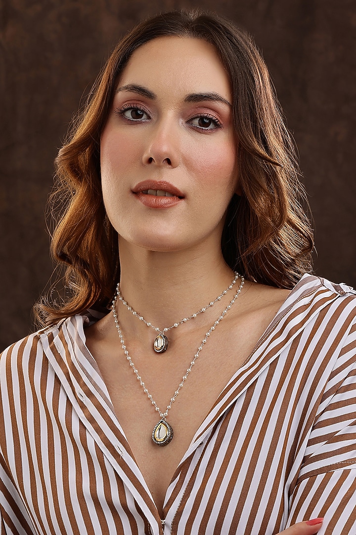 Silver Finish Kundan Polki & Beaded Drop Necklace by Ruby Raang at Pernia's Pop Up Shop