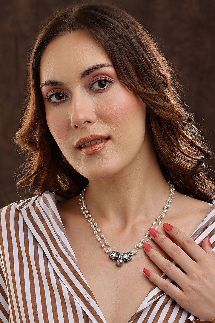 Silver Finish Kundan Polki & Beaded Drop Necklace by Ruby Raang at Pernia's Pop Up Shop