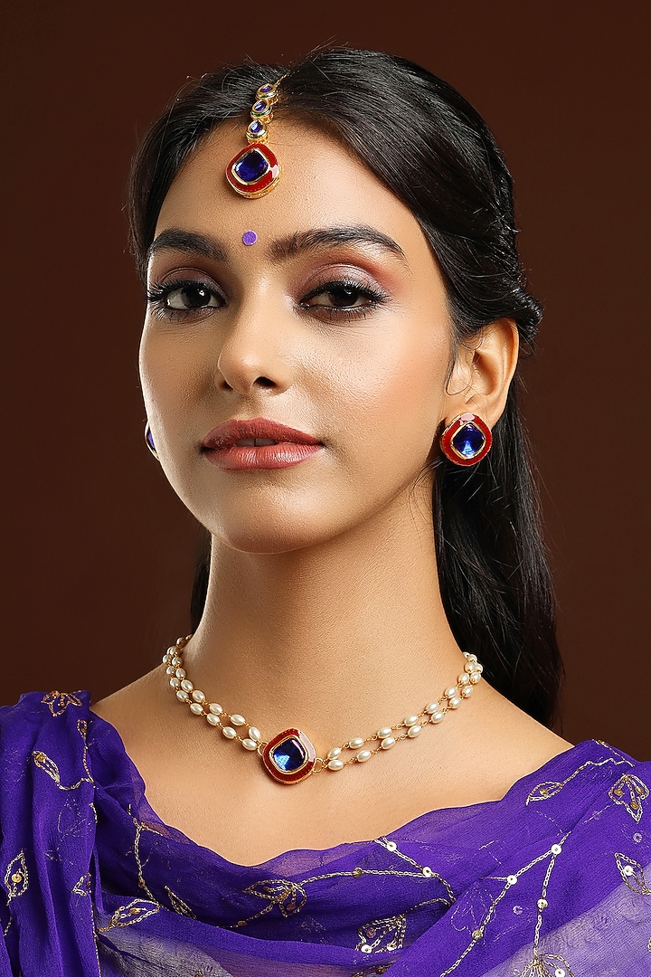 Gold Finish Kundan Polki Red & Blue Meenakari Necklace Set by Ruby Raang at Pernia's Pop Up Shop
