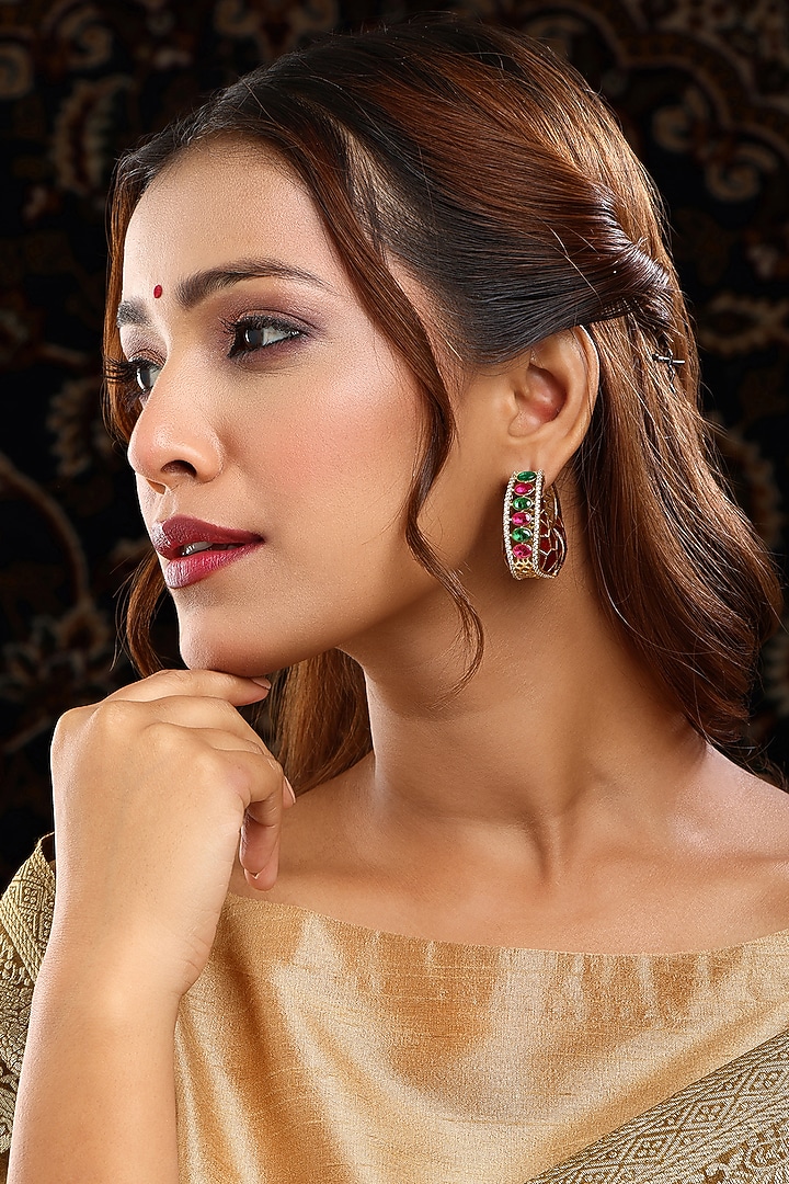 Gold Plated Multi-Colored Kundan Polki Hoop Earrings by Ruby Raang at Pernia's Pop Up Shop