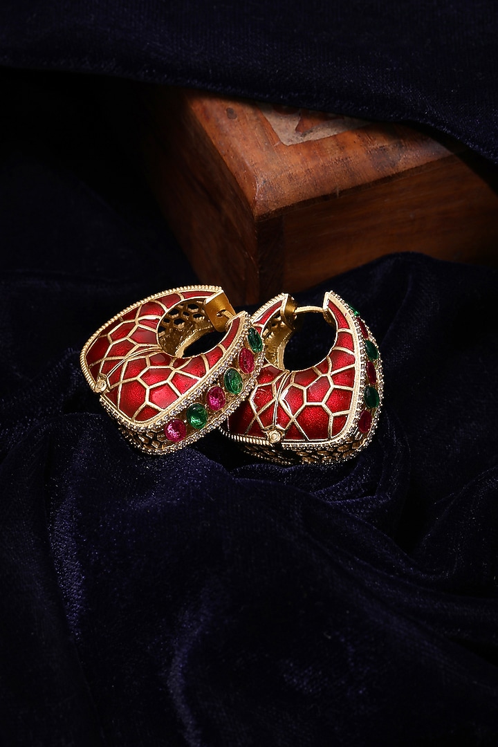 Gold Plated Multi-Colored Kundan Polki Hoop Earrings by Ruby Raang at Pernia's Pop Up Shop