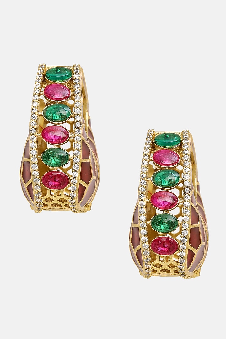 Gold Plated Multi-Colored Kundan Polki Hoop Earrings by Ruby Raang at Pernia's Pop Up Shop