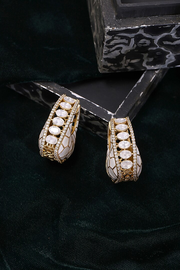 Gold Plated White Kundan Polki Hoop Earrings by Ruby Raang at Pernia's Pop Up Shop