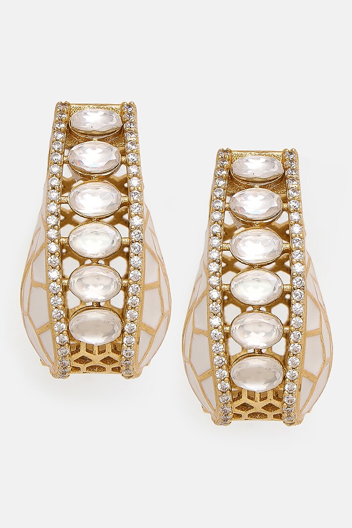 Gold Plated White Kundan Polki Hoop Earrings by Ruby Raang at Pernia's Pop Up Shop