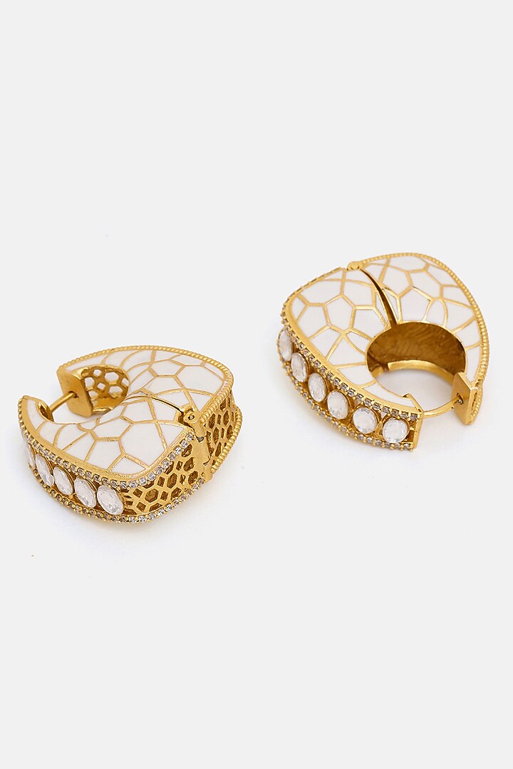 Gold Plated White Kundan Polki Hoop Earrings by Ruby Raang at Pernia's Pop Up Shop