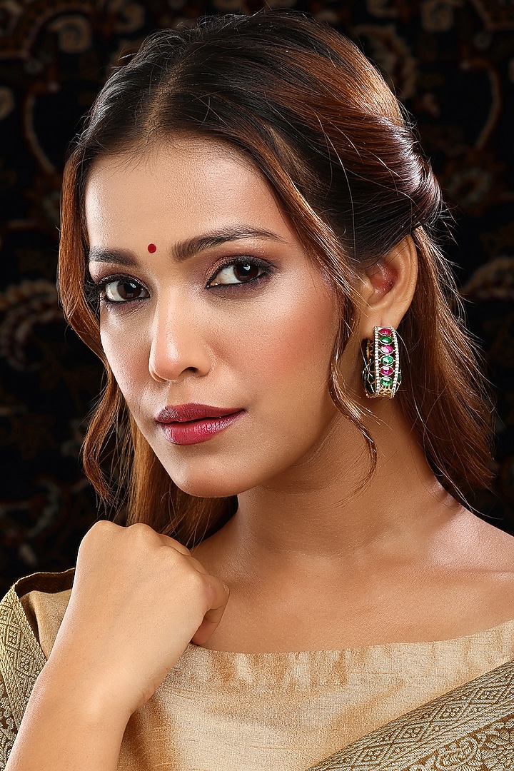 Gold Plated Multi-Colored Kundan Polki Hoop Earrings by Ruby Raang at Pernia's Pop Up Shop