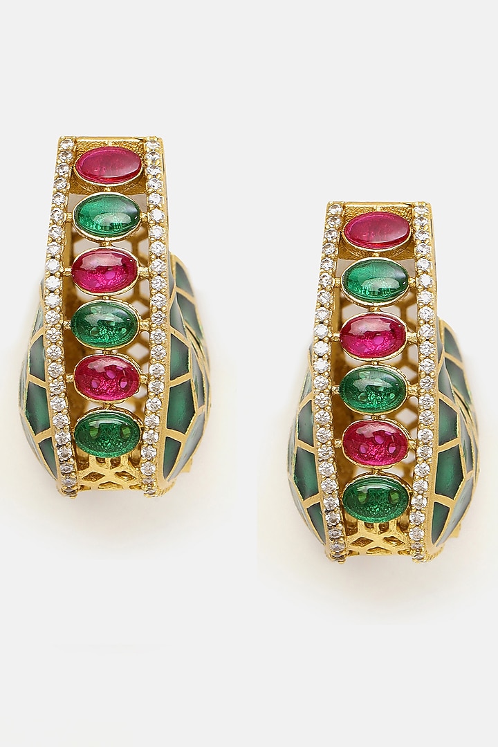Gold Plated Multi-Colored Kundan Polki Hoop Earrings by Ruby Raang at Pernia's Pop Up Shop