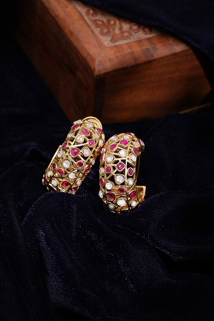 Gold Plated Maroon Kundan Polki Hoop Earrings by Ruby Raang at Pernia's Pop Up Shop