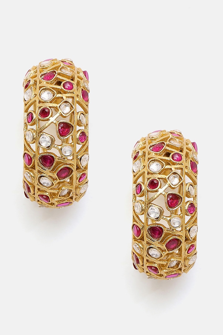 Gold Plated Maroon Kundan Polki Hoop Earrings by Ruby Raang at Pernia's Pop Up Shop