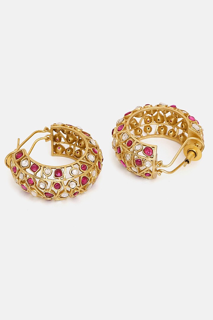 Gold Plated Maroon Kundan Polki Hoop Earrings by Ruby Raang at Pernia's Pop Up Shop
