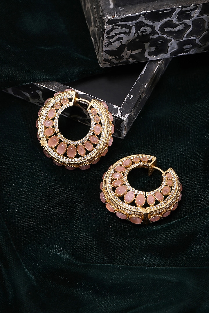 Gold Plated Peach Kundan Polki Hoop Earrings by Ruby Raang at Pernia's Pop Up Shop