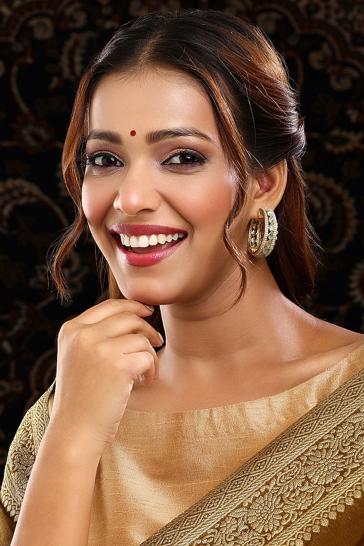 Gold Plated Green Kundan Polki Hoop Earrings by Ruby Raang at Pernia's Pop Up Shop