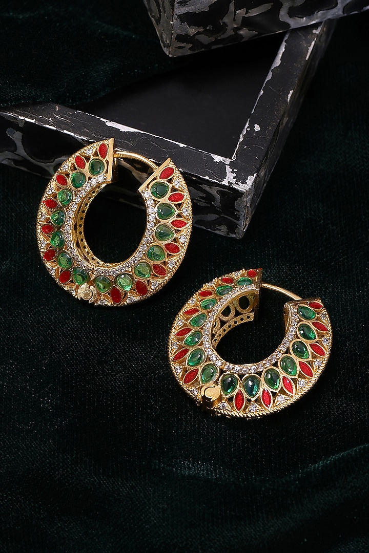 Gold Plated Multi-Colored Kundan Polki Hoop Earrings by Ruby Raang at Pernia's Pop Up Shop