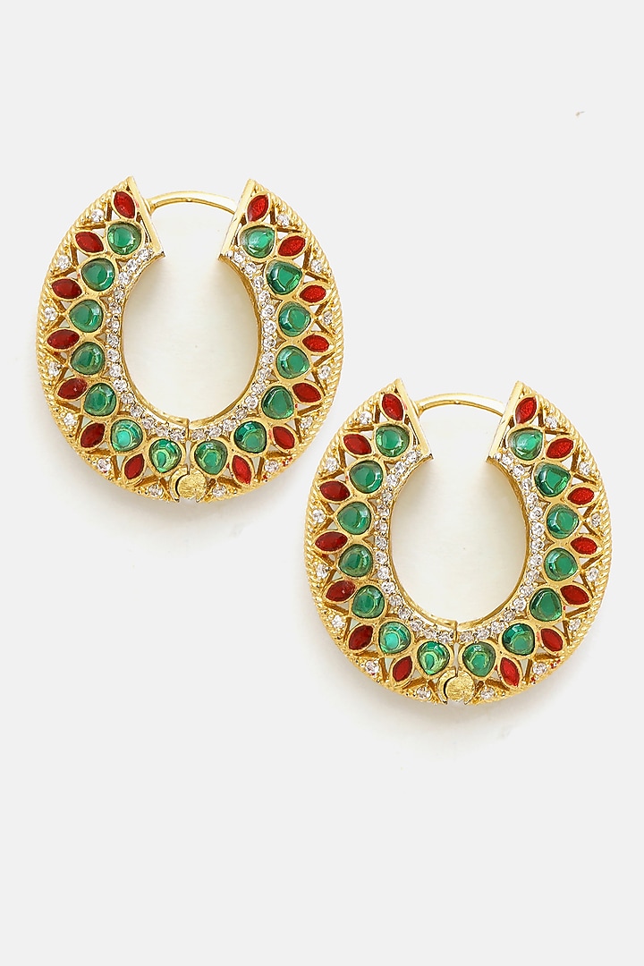 Gold Plated Multi-Colored Kundan Polki Hoop Earrings by Ruby Raang at Pernia's Pop Up Shop