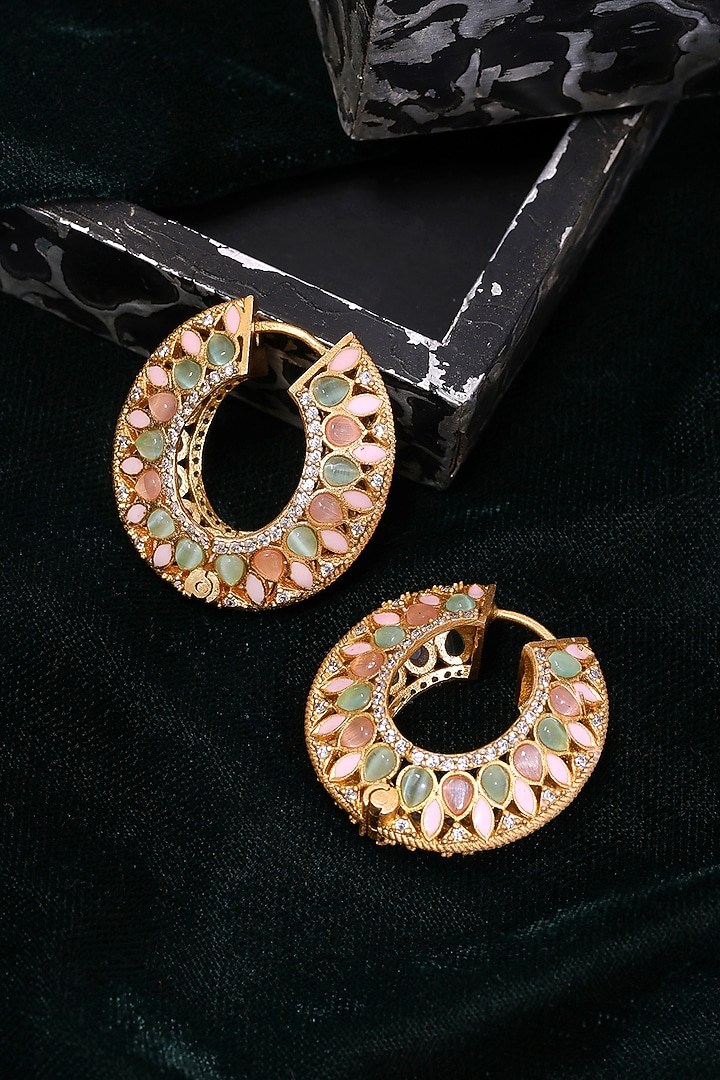 Gold Plated Multi-Colored Kundan Polki Hoop Earrings by Ruby Raang at Pernia's Pop Up Shop