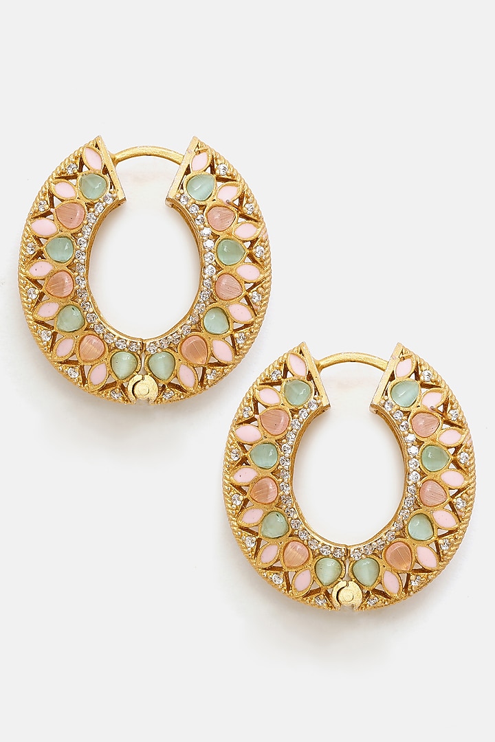 Gold Plated Multi-Colored Kundan Polki Hoop Earrings by Ruby Raang at Pernia's Pop Up Shop
