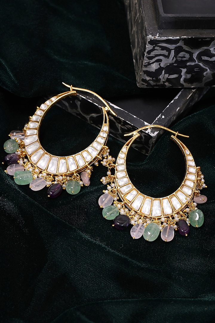 Gold Plated Multi-Colored Kundan Polki Hoop Earrings by Ruby Raang at Pernia's Pop Up Shop