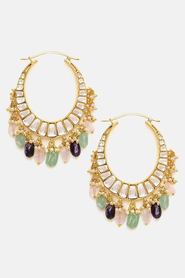 Gold Plated Multi-Colored Kundan Polki Hoop Earrings by Ruby Raang at Pernia's Pop Up Shop