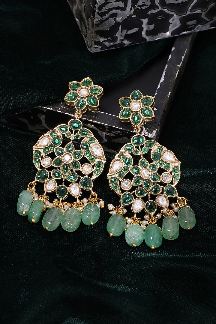 Gold Plated Green Kundan Polki Dangler Earrings by Ruby Raang at Pernia's Pop Up Shop