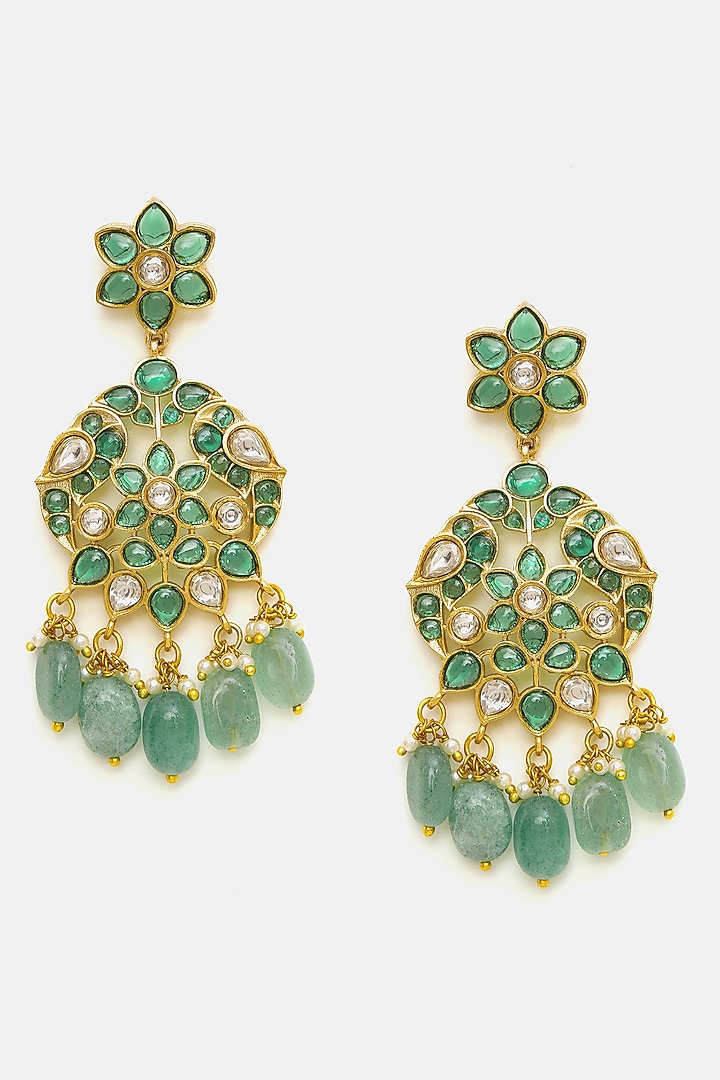 Gold Plated Green Kundan Polki Dangler Earrings by Ruby Raang at Pernia's Pop Up Shop