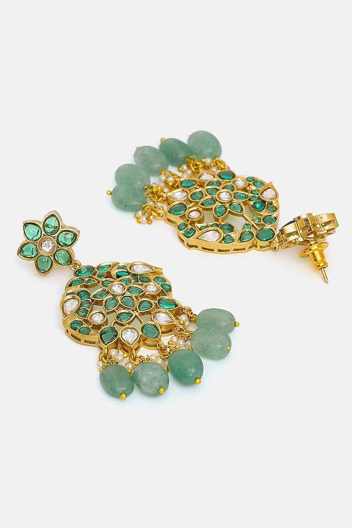Gold Plated Green Kundan Polki Dangler Earrings by Ruby Raang at Pernia's Pop Up Shop