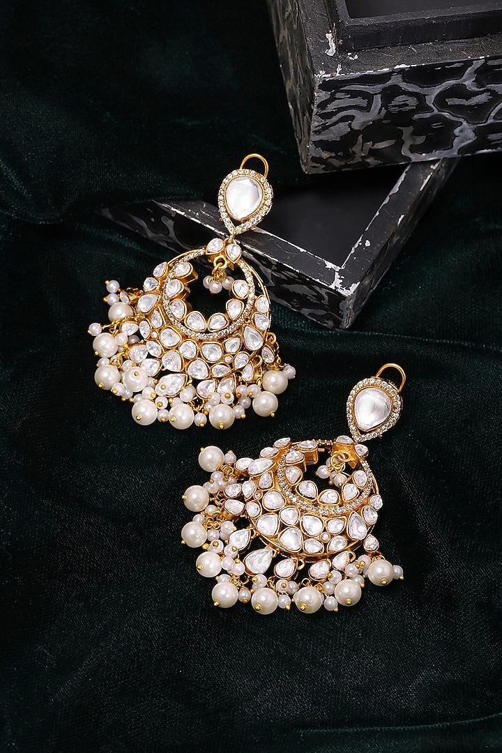 Gold Plated White Kundan Polki Chandbali Earrings by Ruby Raang at Pernia's Pop Up Shop