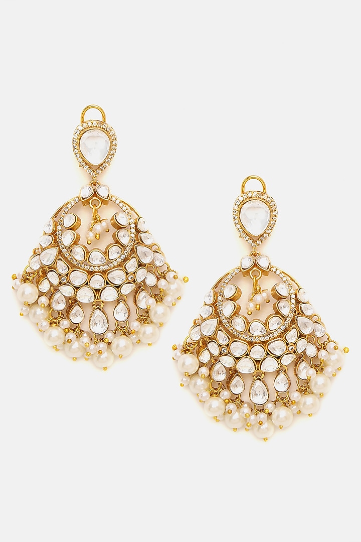 Gold Plated White Kundan Polki Chandbali Earrings by Ruby Raang at Pernia's Pop Up Shop