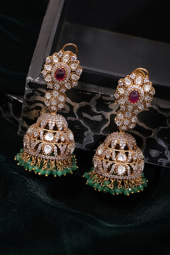 Gold Plated Multi-Colored Kundan Polki Jhumka Earrings by Ruby Raang at Pernia's Pop Up Shop