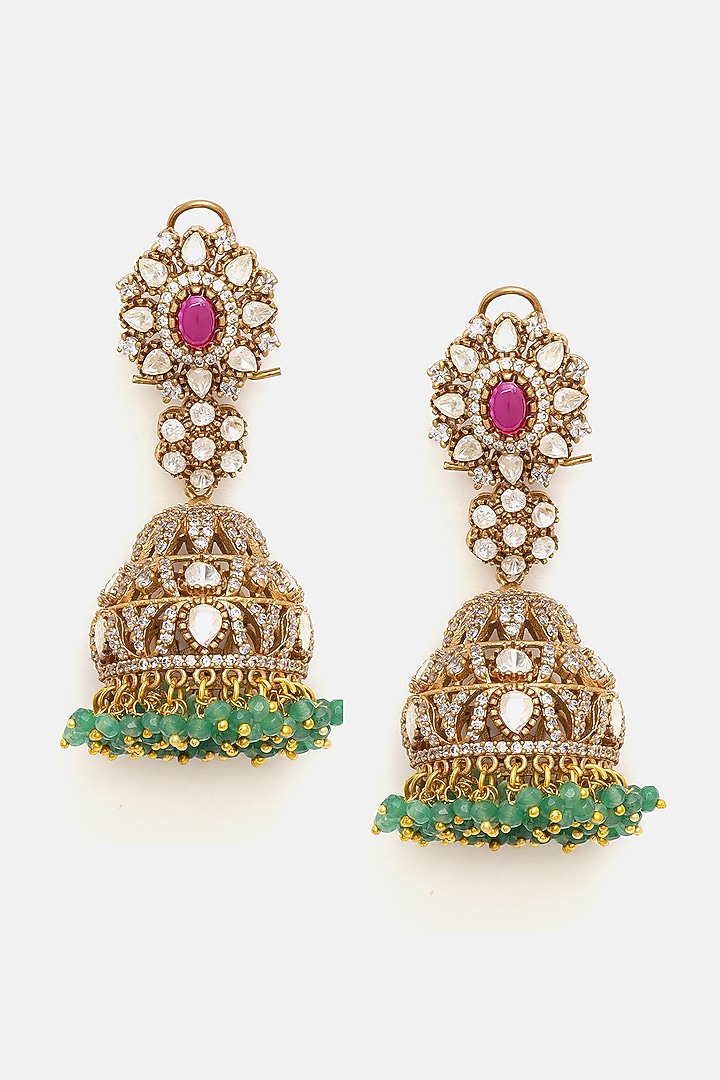 Gold Plated Multi-Colored Kundan Polki Jhumka Earrings by Ruby Raang at Pernia's Pop Up Shop