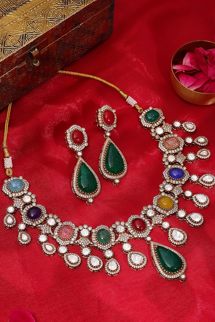 Gold Plated Kundan Polki & Multi-Colored Stone Necklace Set by Ruby Raang at Pernia's Pop Up Shop