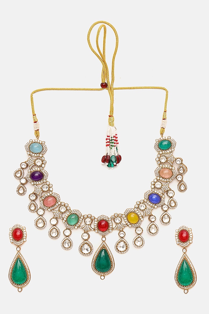 Gold Plated Kundan Polki & Multi-Colored Stone Necklace Set by Ruby Raang at Pernia's Pop Up Shop