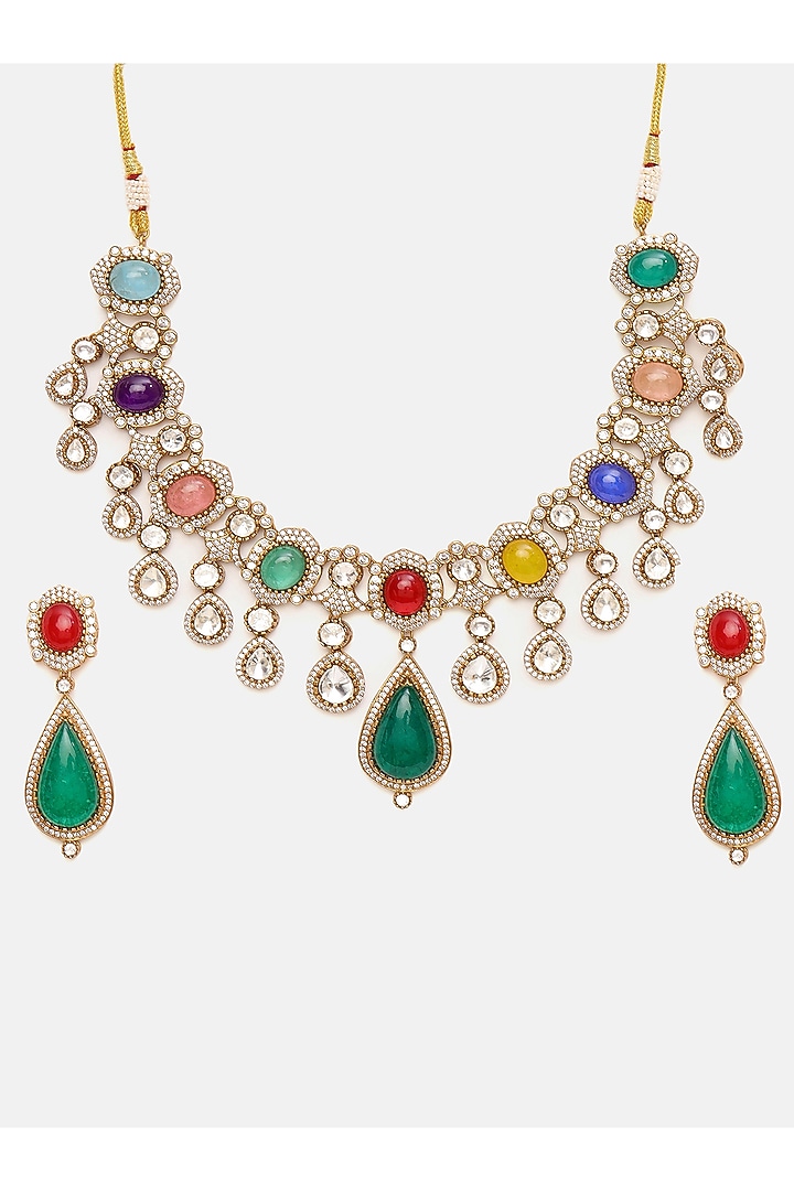 Gold Plated Kundan Polki & Multi-Colored Stone Necklace Set by Ruby Raang at Pernia's Pop Up Shop