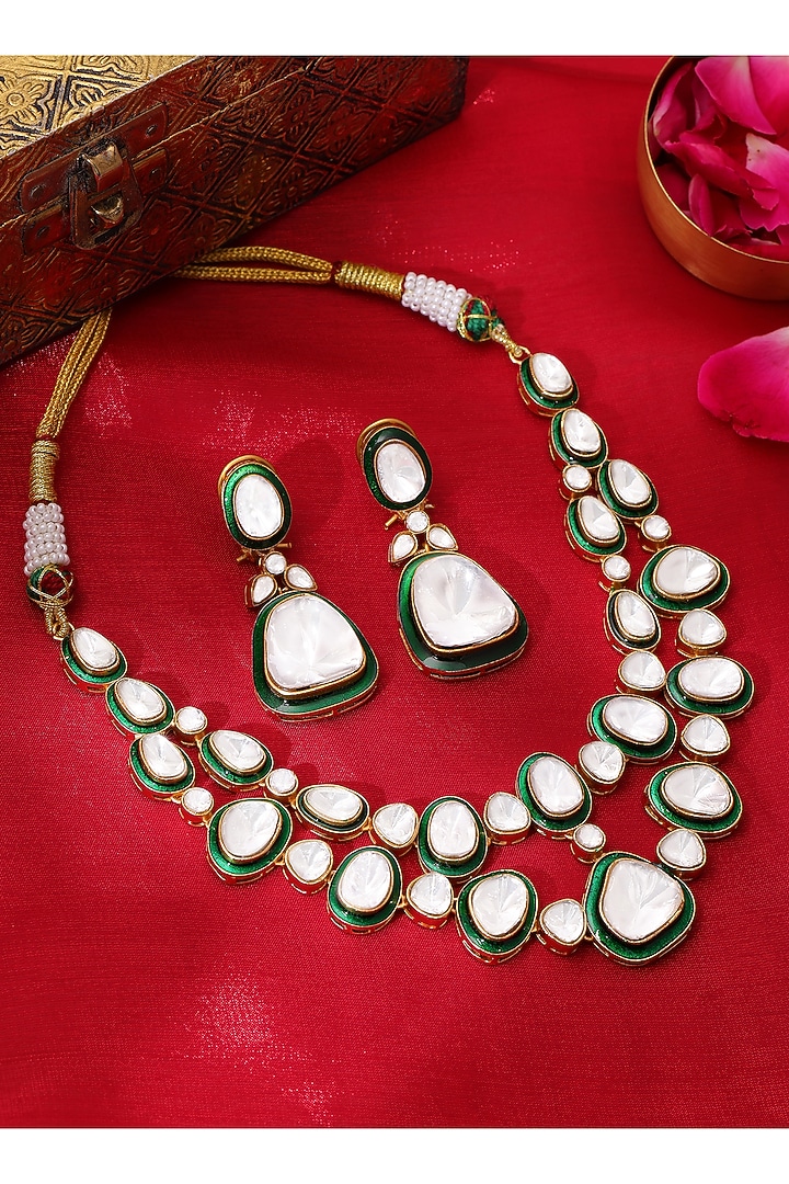 Gold Plated Kundan Polki & Green Meenakari Layered Necklace Set by Ruby Raang at Pernia's Pop Up Shop