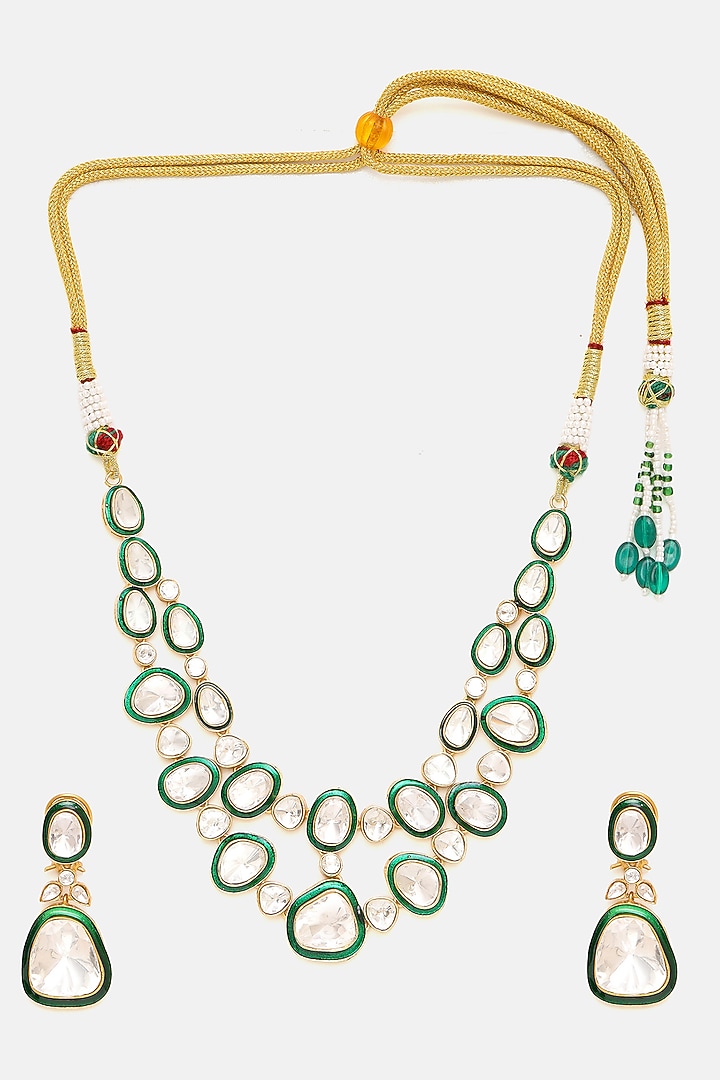 Gold Plated Kundan Polki & Green Meenakari Layered Necklace Set by Ruby Raang at Pernia's Pop Up Shop