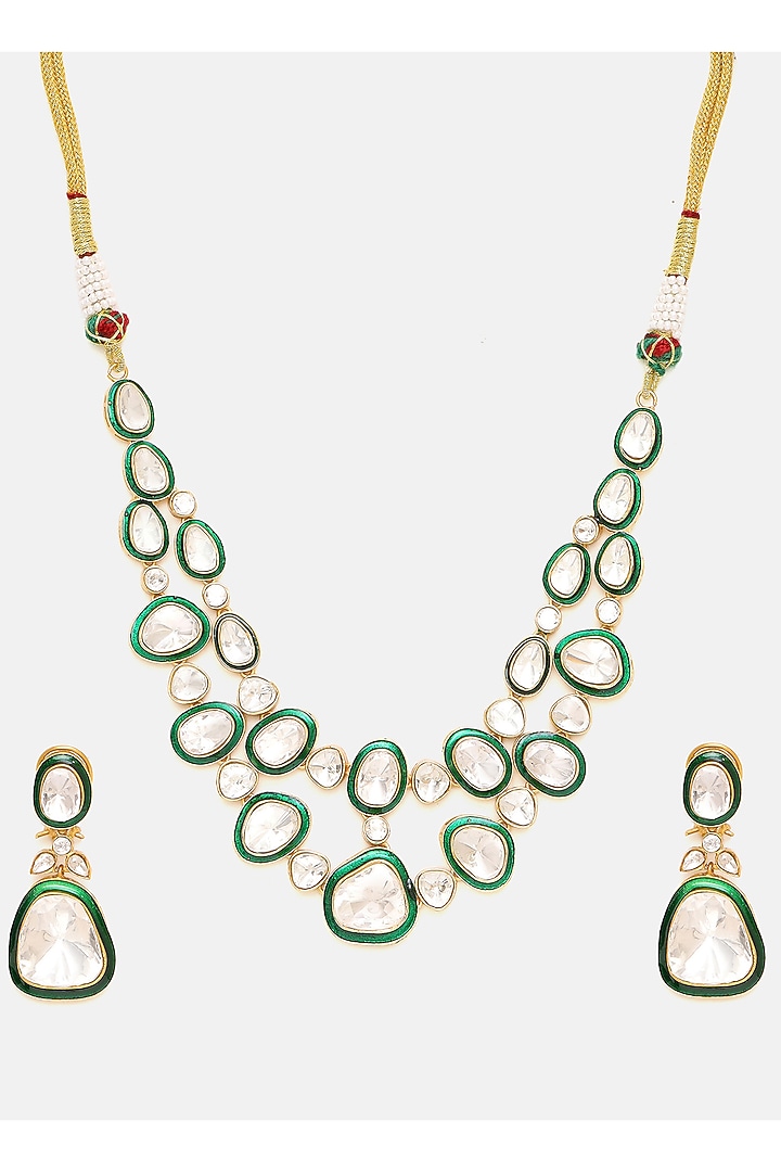 Gold Plated Kundan Polki & Green Meenakari Layered Necklace Set by Ruby Raang at Pernia's Pop Up Shop