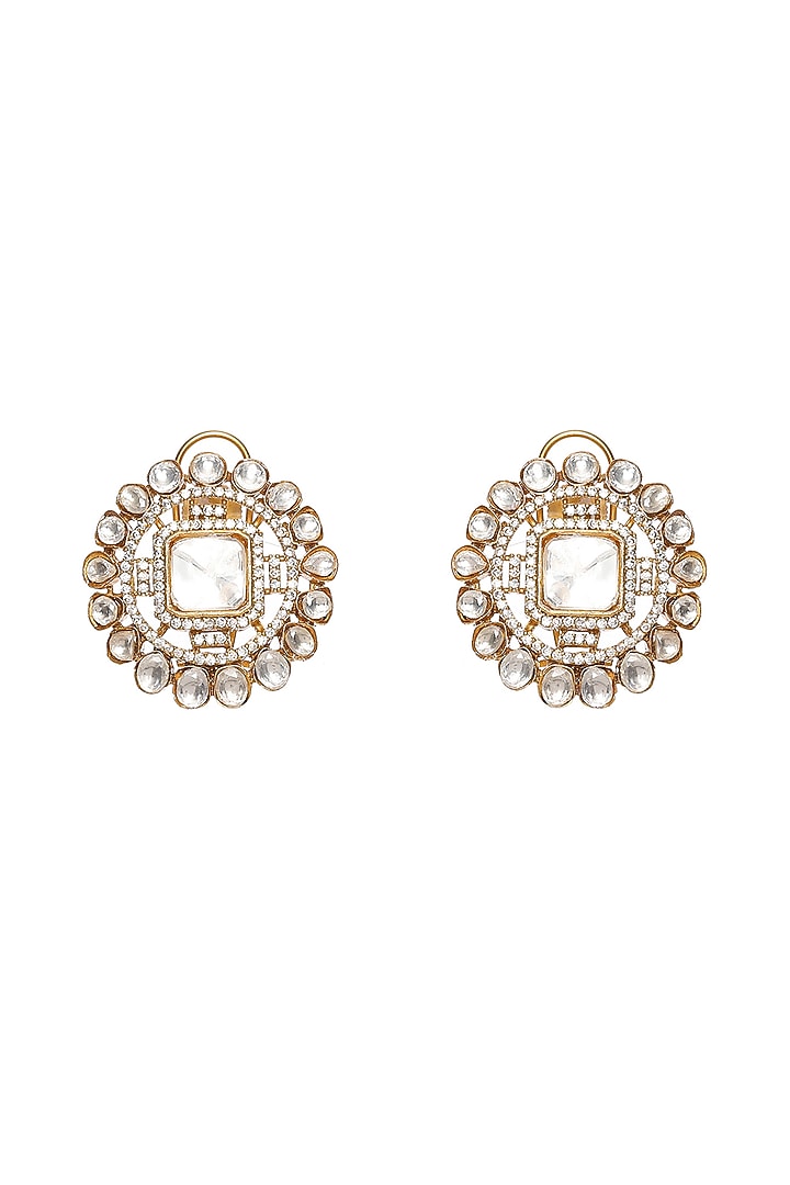 Gold Finish Kundan Polki Stud Earrings by Ruby Raang at Pernia's Pop Up Shop