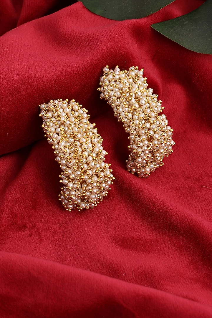 Gold Finish Pearl Hoop Earrings by Ruby Raang at Pernia's Pop Up Shop