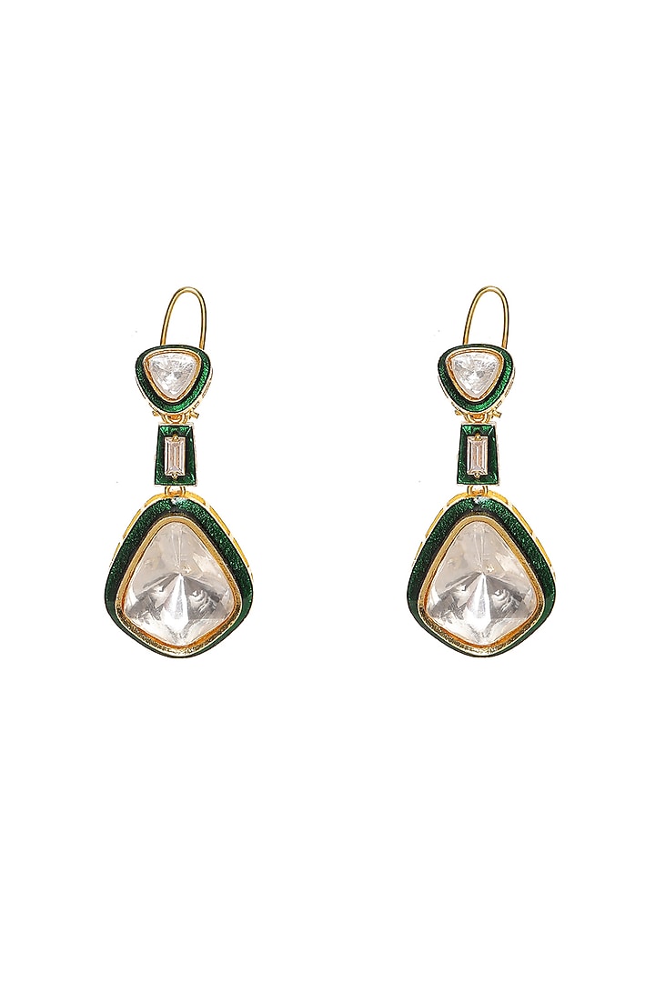 Gold Finish Kundan Polki Meenakari Dangler Earrings by Ruby Raang at Pernia's Pop Up Shop