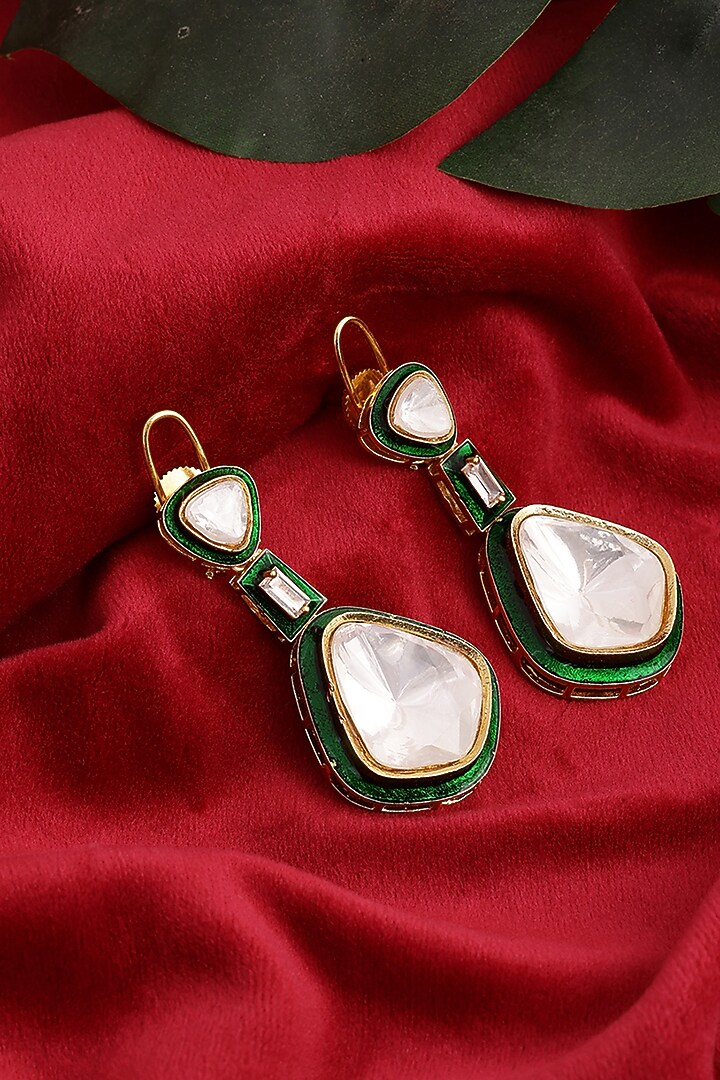 Gold Finish Kundan Polki Meenakari Dangler Earrings by Ruby Raang at Pernia's Pop Up Shop
