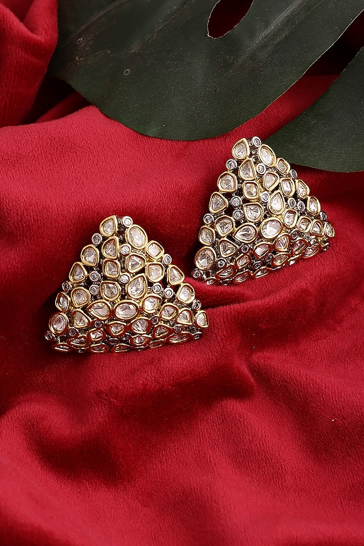 Gold Finish Kundan Polki Triangle Earrings by Ruby Raang at Pernia's Pop Up Shop