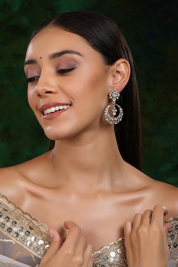 Gold Finish Kundan Polki Chandbali Earrings by Ruby Raang at Pernia's Pop Up Shop