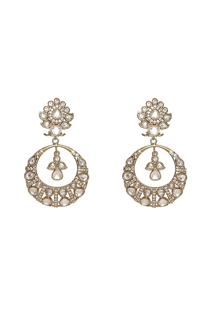 Gold Finish Kundan Polki Chandbali Earrings by Ruby Raang at Pernia's Pop Up Shop